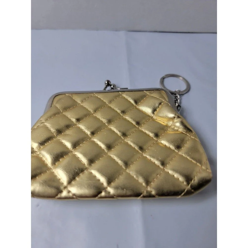Gold Quilted Kiss Lock Coin Purse Keychain Mini Wallet Metallic Clutch Pouch